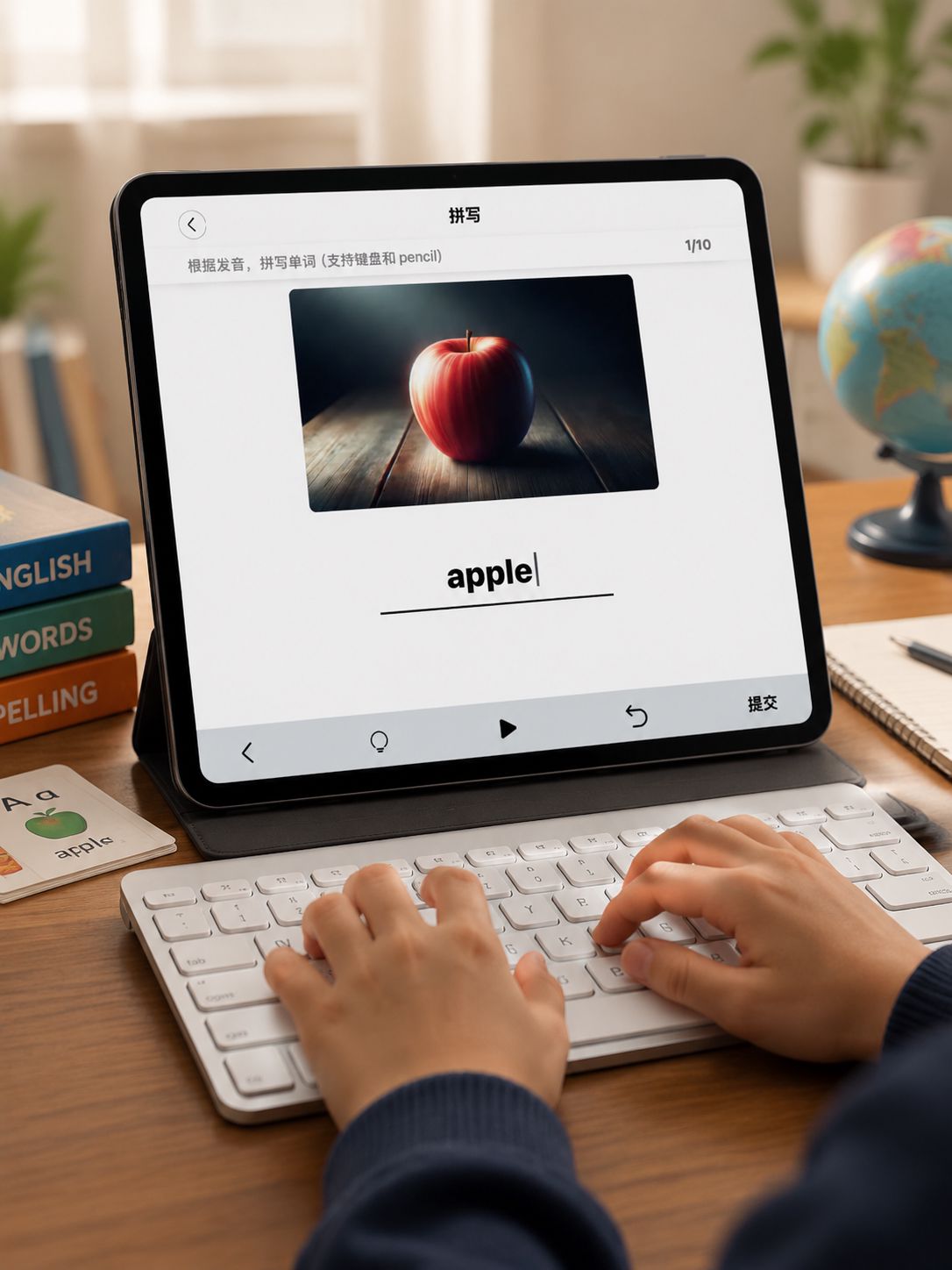 孩子用外接键盘在 iPad 上拼写单词
