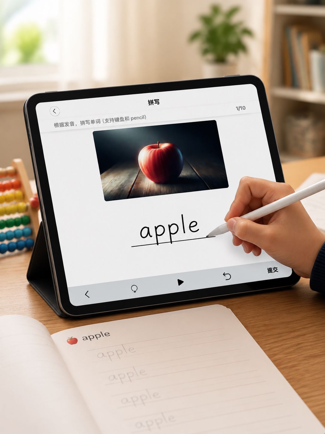 孩子用 Apple Pencil 在 iPad 上手写单词